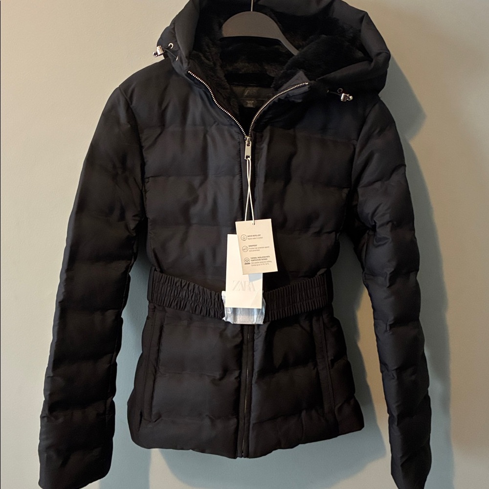 Zara NWT short fitted belted puffer windproof waterproof anorak black 8073/222 - Picture 9 of 10